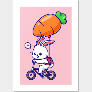 Cute Rabbit Riding Bicycle With Carrot Balloon Cartoon Posters and Art